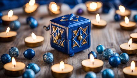 A blue dreidel sits in the center of a wooden table surrounded by blue and silver ornaments, lit candles and other menorah candles, symbolizing the celebration of Hanukkah.の写真素材