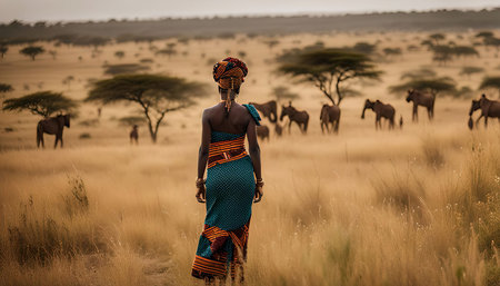 A woman in traditional African garb walks through a vast African savanna towards a herd of wildebeest. The sun is setting, casting a golden glow over the landscape. The woman is a small figure in the vast expansion, showing the beauty and wildness of nature.の写真素材