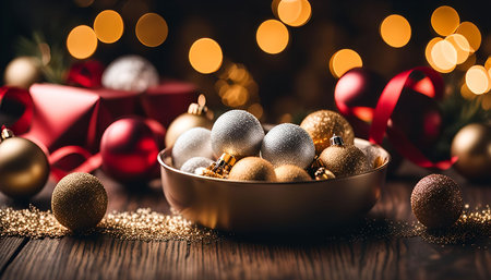 A close-up of a bowl filled with gold and silver Christmas ornaments, illuminated by warm, festive lights. The image evokes a sense of warmth, joy, and celebration.の写真素材