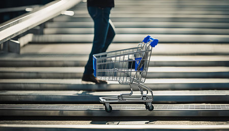 A shopping cart stands alone on a staircase, with a person walking away in the background.の写真素材