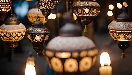 Close-up of intricately Moroccan lanterns hanging with warm lights, creating designed a beautiful and romantic atmosphere.の写真素材