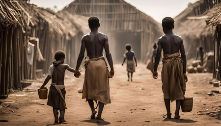 Four individuals, likely a family, are captured walking down a dusty path in a remote African village. The individuals are walking away from the camera and appear to be heading towards their homes, showing the simple yet meaningful daily routines of rural life.の写真素材