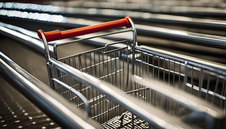A close-up view of a shopping cart in a supermarket.の写真素材