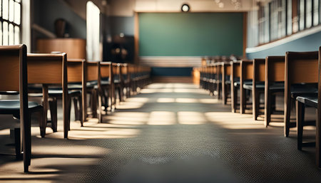 A row of empty wooden chairs in a classroom, symbolizing education and knowledgeの写真素材