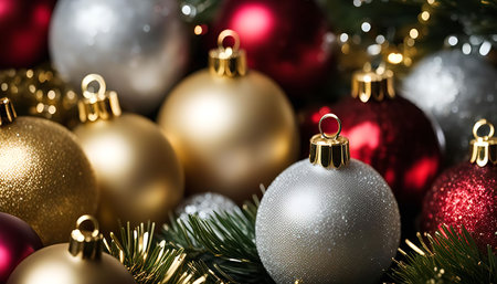 A close-up of a collection of Christmas ornaments, showing a variety of colors and textures. The ornaments create a vibrant and festive atmosphere, representing the joy and tradition of the holiday season.の写真素材