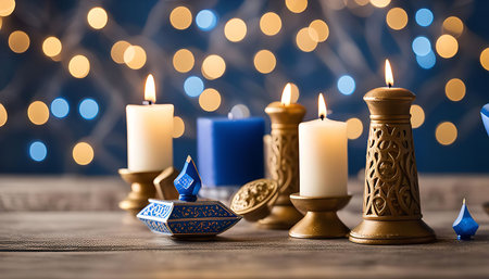 A close-up shot of a menorah and candles lit for Hanukkah, a Jewish holiday celebration.の写真素材