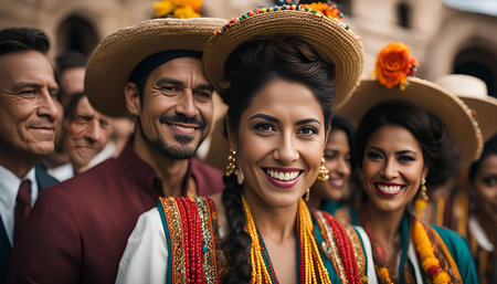 A group of people dressed in colorful costumes and hats are smiling and looking at the camera during a traditional event.の写真素材