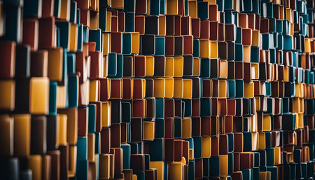 A close-up image of an abstract geometric wall made up of colorful cubes, creating a dynamic and textured pattern.の写真素材