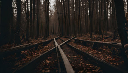 A dark, overgrown forest with railroad tracks winding through it, the ambiance is mysterious and intriguing.の写真素材