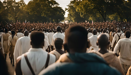A large group of people gathered together, viewed from behind, walking towards something.の写真素材