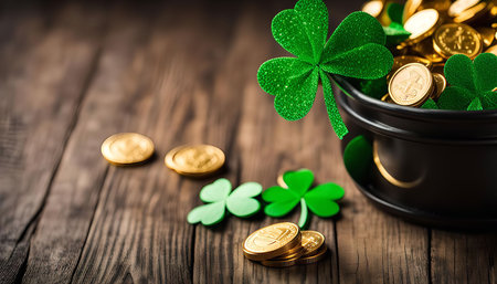 A pot of gold coins and shamrocks on a wooden table for a St. Patrick's Day celebration. The traditional symbols of Irish culture.の写真素材