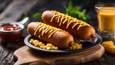 Two corn dogs with mustard on a plate with corn kernels around them. There is a glass of juice and a bowl of ketchup in the background.の写真素材