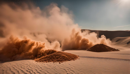 A powerful dust cloud explodes across a desert landscape, highlighting the raw power of nature and the harsh conditions of the desert environment.の写真素材