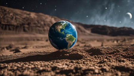 A solitary Earth globe rests on the desolate Martian surface, a conceptual image of space exploration and the search for life beyond our planet.の写真素材