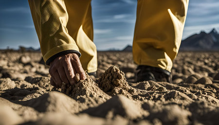 A person's foot and hand are shown as they touch the sand in a desert landscape.の写真素材