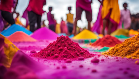 A close-up shot of colorful powder piles arranged on the ground, with a blurred background of people in the distance. The bright colors and texture of the powder create a visually appealing and festive atmosphere.の写真素材