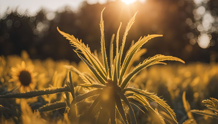 Close-up of a green plant with leaves illuminated by the warm glow of the setting sun.の写真素材