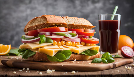 A mouthwatering sandwich filled with fresh vegetables, cheese, and corn, served with a glass of juice.の写真素材