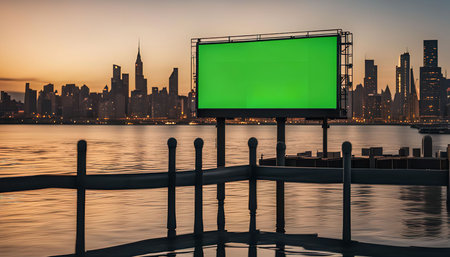 A blank billboard with a green screen stands in front of a city skyline. The billboard is on a dock by the water, and the city is in the background. The image is taken during the sunset or sunrise, and the sky is a beautiful orange and pink color.の写真素材