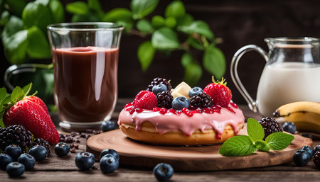 A delicious donut topped with various berries, a glass of chocolate milk, a jug of milk, and some fresh mint leaves.の写真素材