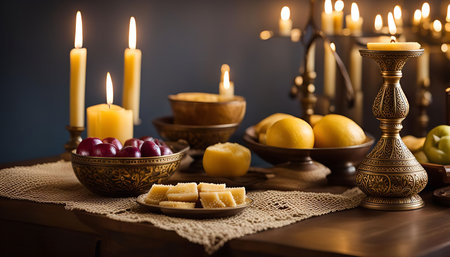 A rustic table setting with candles, fruit, and a dessert in a warm, intimate atmosphere.の写真素材