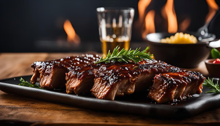 Closeup of a plate of grilled BBQ ribs with rosemary garnishing. The ribs are tender and juicy, with a delicious smoky flavor.の写真素材