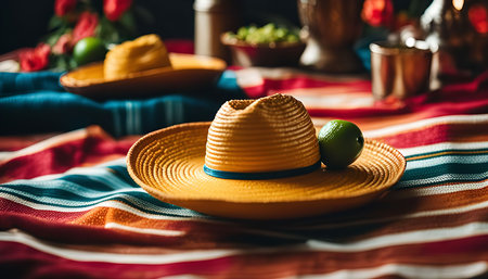 A yellow sombrero with a lime on top of it, sitting on a colorful striped blanket.の写真素材
