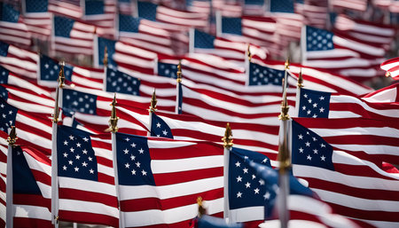 A captivating display of American flags waving proudly in the wind. A symbol of national pride and unity, the red, white, and blue stripes and stars stand out against the backdrop of the vibrant colors. The flags ripple and dance in the breeze, creating a dynamic and inspiring scene.の写真素材