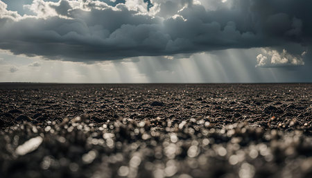 A vast field, the land extending into the distance, with a dramatic sky overhead filled with gray clouds, and sunbeams breaking through.の写真素材