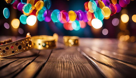 A close-up photo of a golden decoration on a rustic wooden table with a blurry background of colorful lights, suggesting a festive or celebratory setting.の写真素材