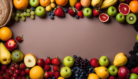 A colorful assortment of fresh fruits arranged in a border around a brown background. The image captures a wide variety of fruits, including apples, oranges, grapes, pears, strawberries, kiwi, bananas, and cherries.の写真素材