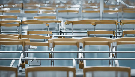 Close-up view of an abstract industrial pattern created by rows of chairs, emphasizing the repetitive metallic lines and geometric forms.の写真素材