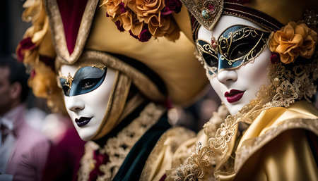 Two people wearing elaborate Venetian carnival masks and costumes. The masks are beautifully detailed, with gold and black accents. The costumes are equally elaborate, with gold and red fabrics and feathers. The photo captures the beauty and mystery of the Venetian carnival.の写真素材