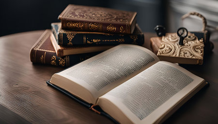 A stack of old books sitting on a wooden table, an open book on the right, a close-up shot focusing...