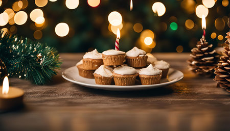 A plate of frosted cupcakes decorated with candles, set on a wooden table with a Christmas tree and pine cones in the background. The scene evokes a warm and festive celebration atmosphere.の写真素材