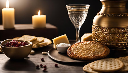 A warm and inviting table setting with delicious treats and flickering candlelight. The golden tableware adds a touch of elegance, while the rustic wooden surface adds a touch of warmth. The treats are laid out on a plate with berries scattered around, creating a visually appealing and inviting centerpiece.の写真素材