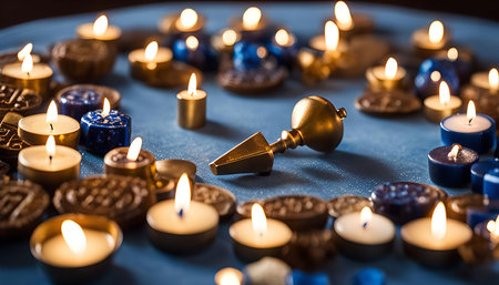 A circle of lit candles surrounding a golden key on a dark blue table.の写真素材