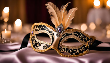 A close-up of an elegant Venetian masquerade mask with gold details and feathers. The mask is lying on a silk fabric with candles in the background.