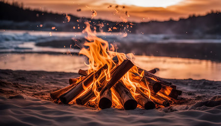 A bonfire burns brightly on a sandy beach at sunset, with the golden light of the setting sun...
