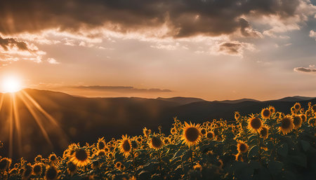 A scenic landscape photo showcasing a field of sunflowers illuminated by the setting sun, casting golden rays across the hills and clouds.の写真素材