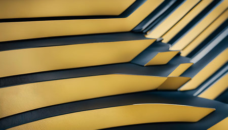 A close-up view of an abstract geometric pattern formed by overlapping gold and blue panels, creating a dynamic and visually engaging composition.の写真素材