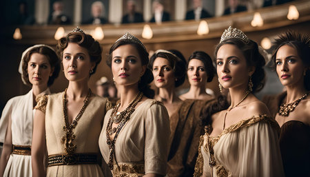 A group of elegantly dressed women in a formal setting. They wear vintage gowns and crowns, showcasing royal fashion and historical style.の写真素材