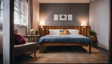 A modern bedroom interior with a wooden bed, bedside tables, a chair, a rug and artwork on the wall....
