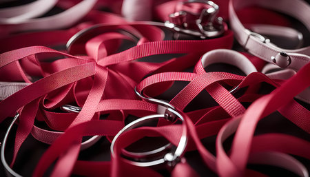 A close up shot of crimson ribbons intertwined with silver jewelry. The shiny metal creates a contrast against the smooth texture of the fabric, highlighting the beauty of the objects.の写真素材