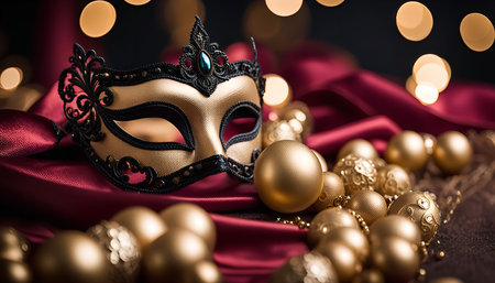 Closeup of a golden masquerade mask on a red fabric with golden ornaments, festive and elegant ambiance.の写真素材