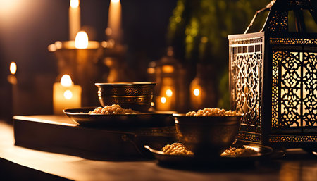 A beautiful Ramadan lantern with intricate carvings, surrounded by candles, dates and other decorative elements, creating a warm and inviting atmosphere.の写真素材
