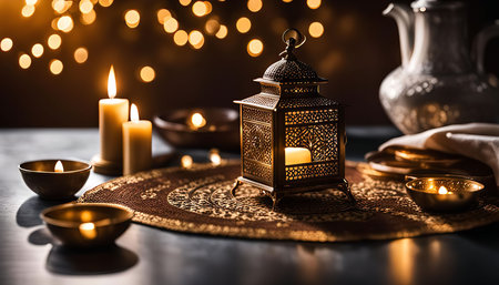 A still life of a beautiful golden lantern intricately with details, surrounded by lit candles and a...