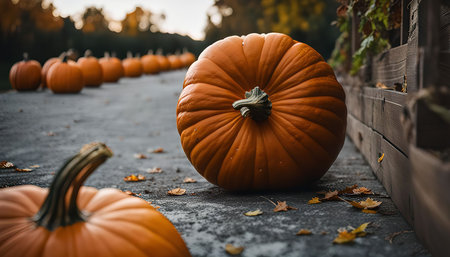 A large orange pumpkin sits on a path, surrounded by other pumpkins. Fall leaves cover the ground around the pumpkins, adding to the autumnal feel of the scene.の写真素材