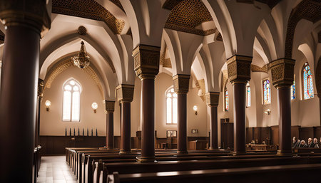 A view inside a church featuring arched ceilings, wooden pews, and stained glass windows.の写真素材