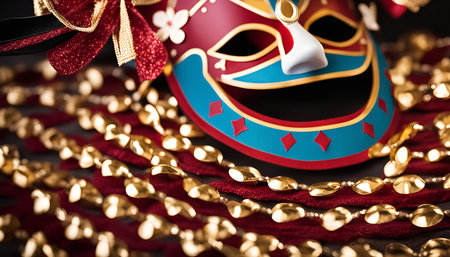 A close-up shot of a traditional Venetian carnival mask with colorful decorations and gold embellishments, showcasing the vibrant culture and artistry of the Italian celebration.の写真素材